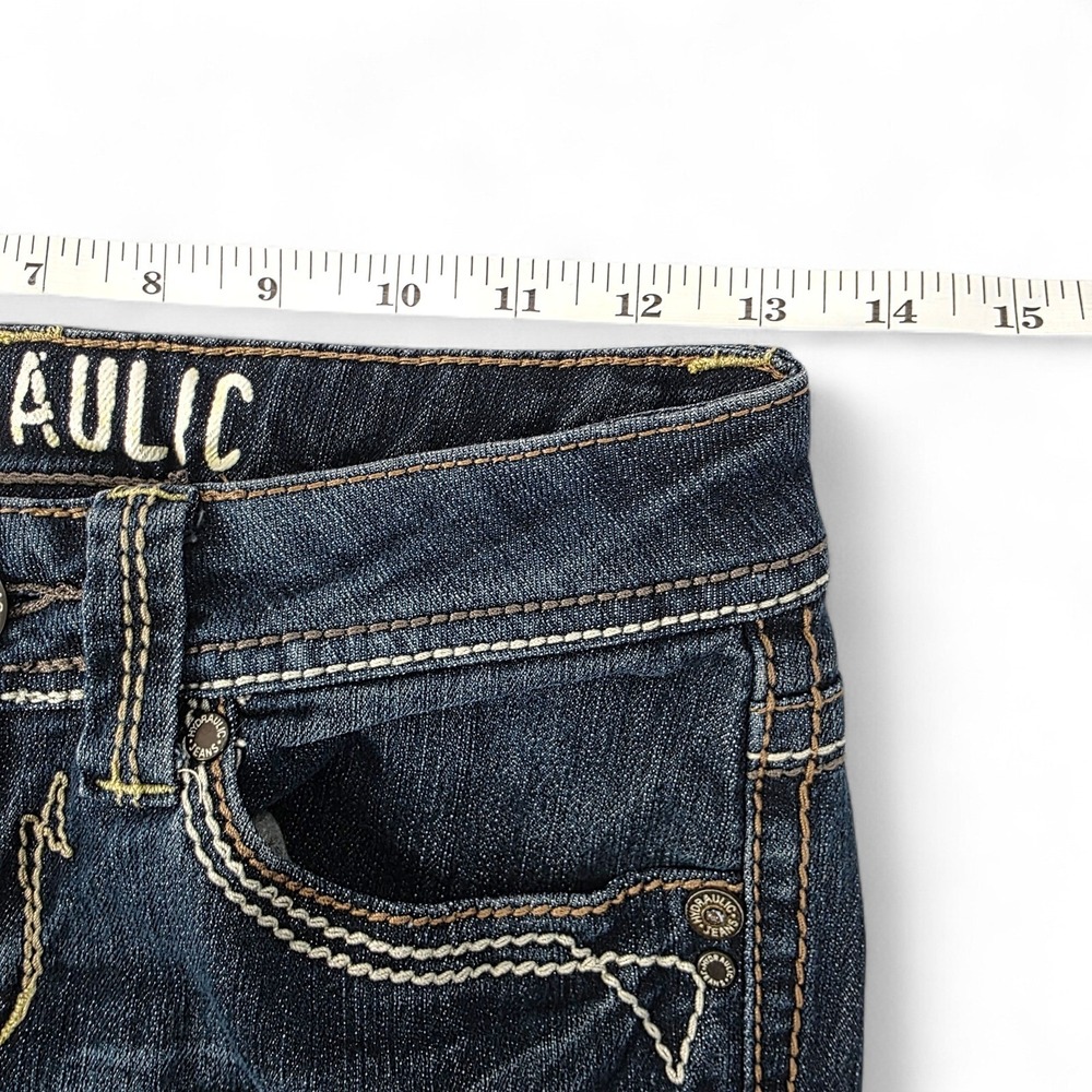 Hydraulic Low Rise Straight Leg Jeans Dark Wash Embroidered Pockets - Picture 9 of 11